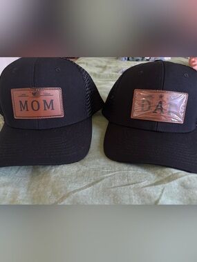 Black Trucker Cap with Brown Leather Patch - Set of 2